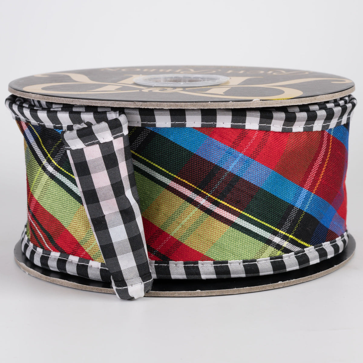 2.5" Bias Plaid Ribbon with Fused Mini Check Back: Multicolor, Black & White (10 Yards) Item Number: RR0091