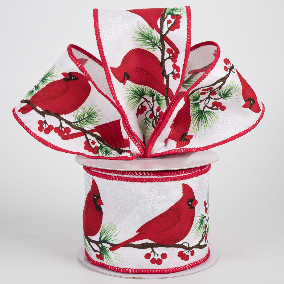 2.5" Cardinal On Snowy Pine Branch Ribbon: White (10 Yards) Lifestyle Photo