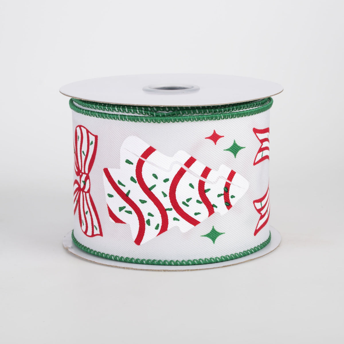 2.5" Christmas Tree Snack Cakes & Bows Ribbon: Red, White Emerald (10 Yards) Item Number: RGF199867