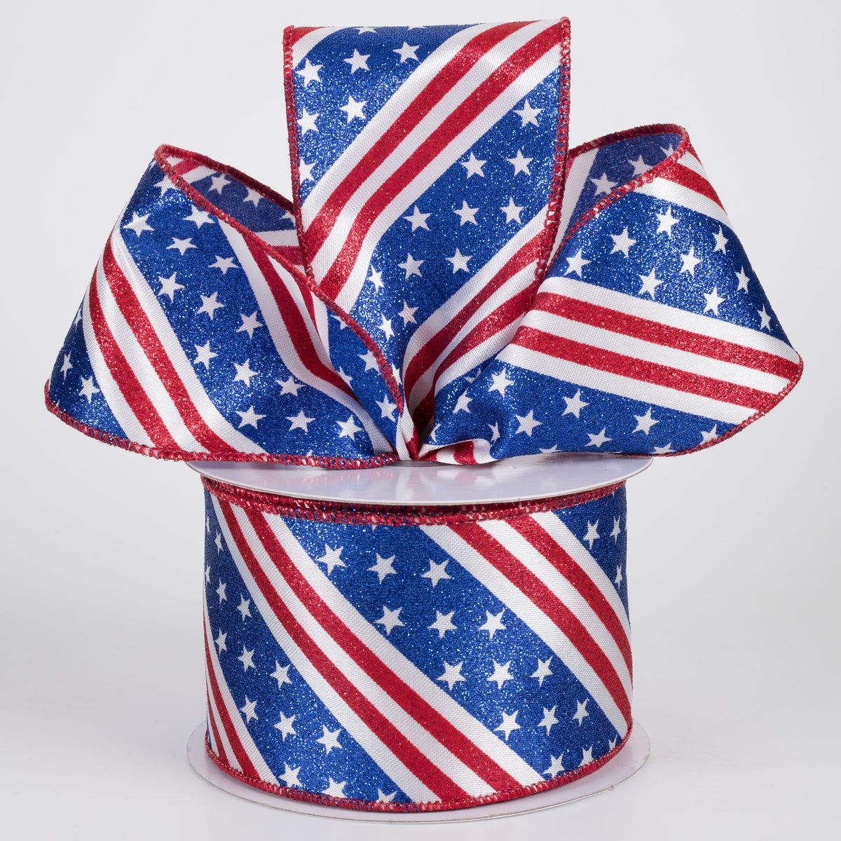2.5" Diagonal Glittered Stars & Stripes Ribbon: Red, White & Blue (10 Yards) Lifestyle Photo
