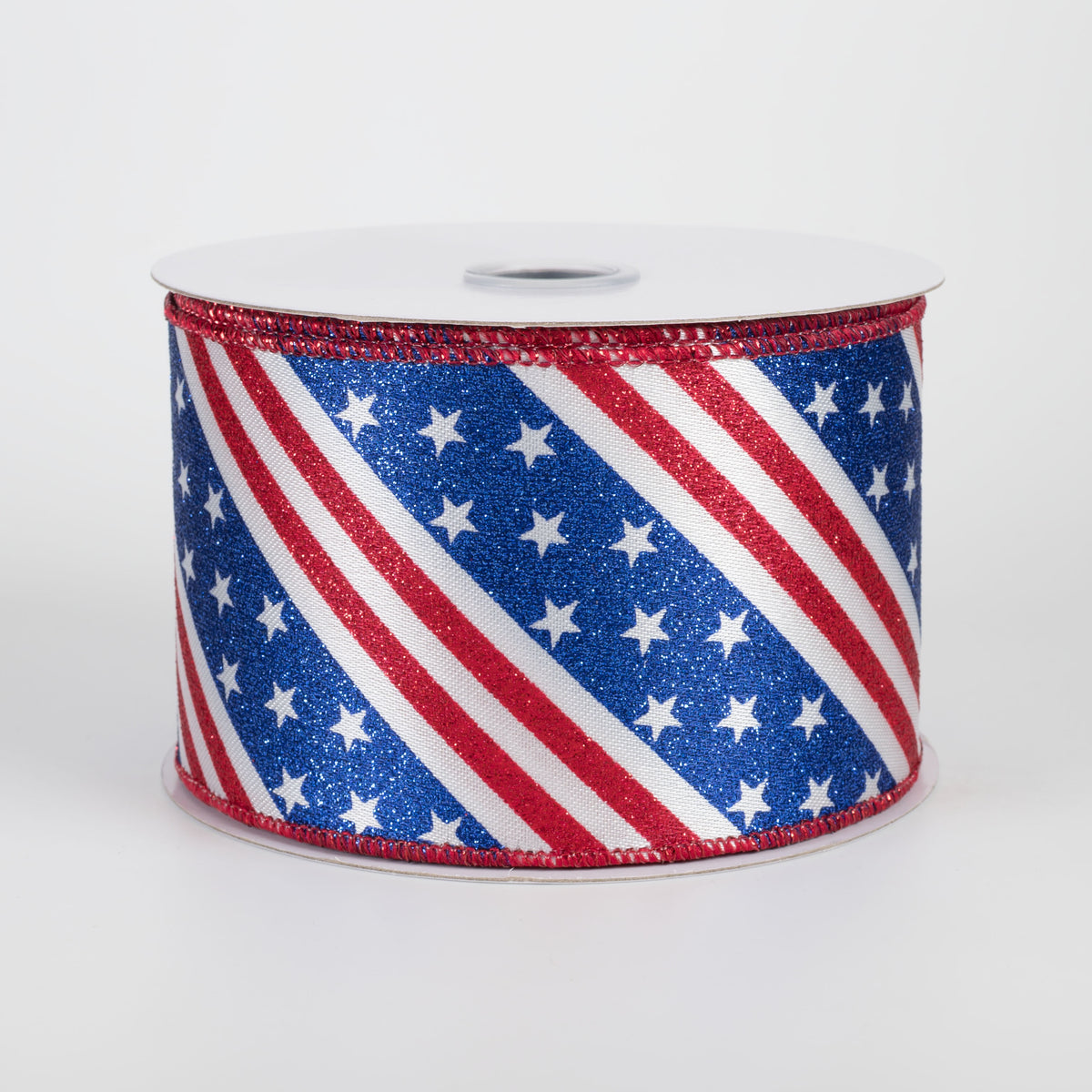 2.5" Diagonal Glittered Stars & Stripes Ribbon: Red, White & Blue (10 Yards) Item Number: RGH1096A1