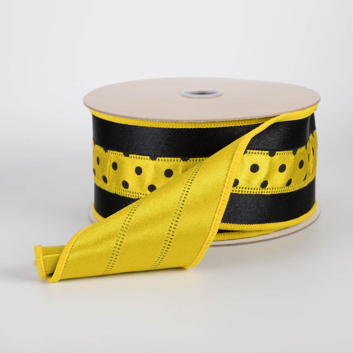 2.5" Double Sided Fused 3-in-1 Polka Dot Ribbon: Black & Yellow (10 Yards) detail photo 3