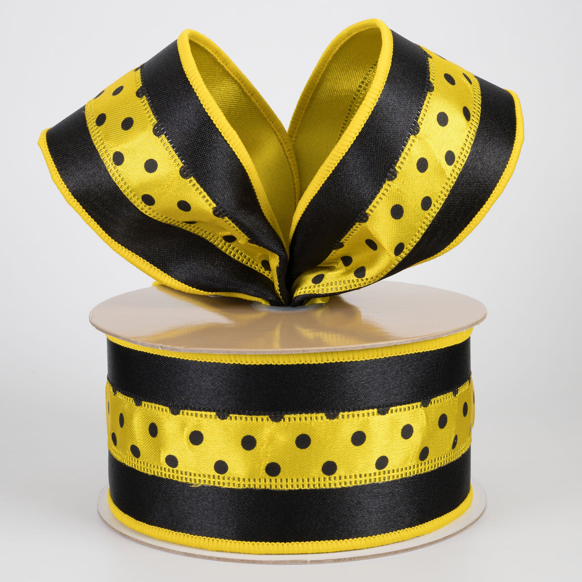 2.5" Double Sided Fused 3-in-1 Polka Dot Ribbon: Black & Yellow (10 Yards) Lifestyle Photo