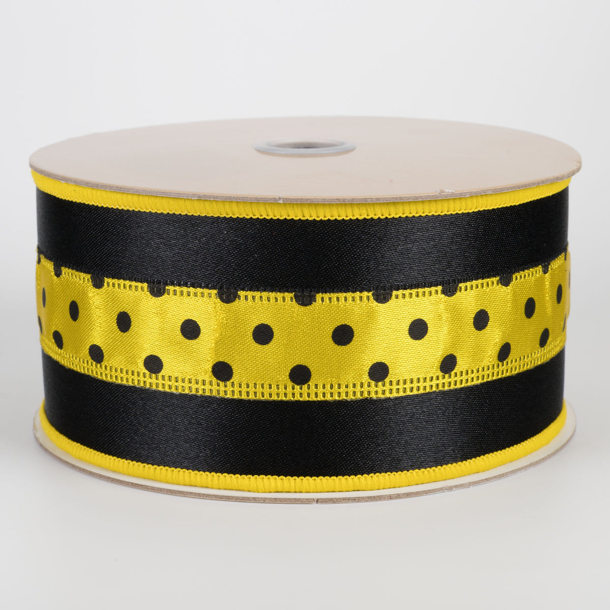 2.5" Double Sided Fused 3-in-1 Polka Dot Ribbon: Black & Yellow (10 Yards) Item Number: LX30798N