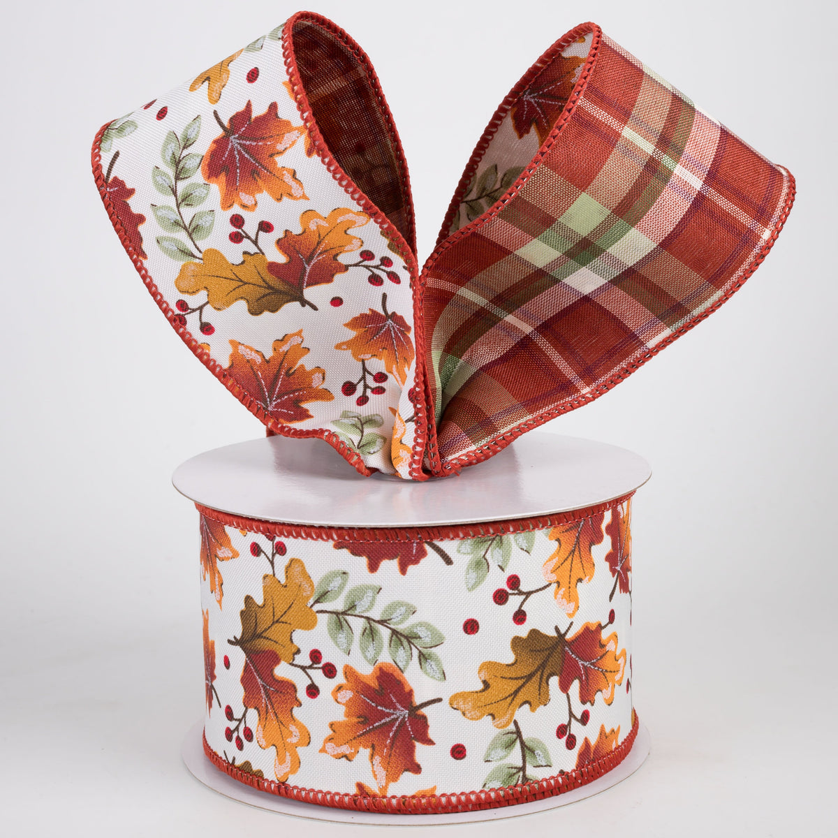 2.5" Double Sided Fused Autumn Leaves & Plaid Ribbon: Sage & Rust (10 Yards) Lifestyle Photo