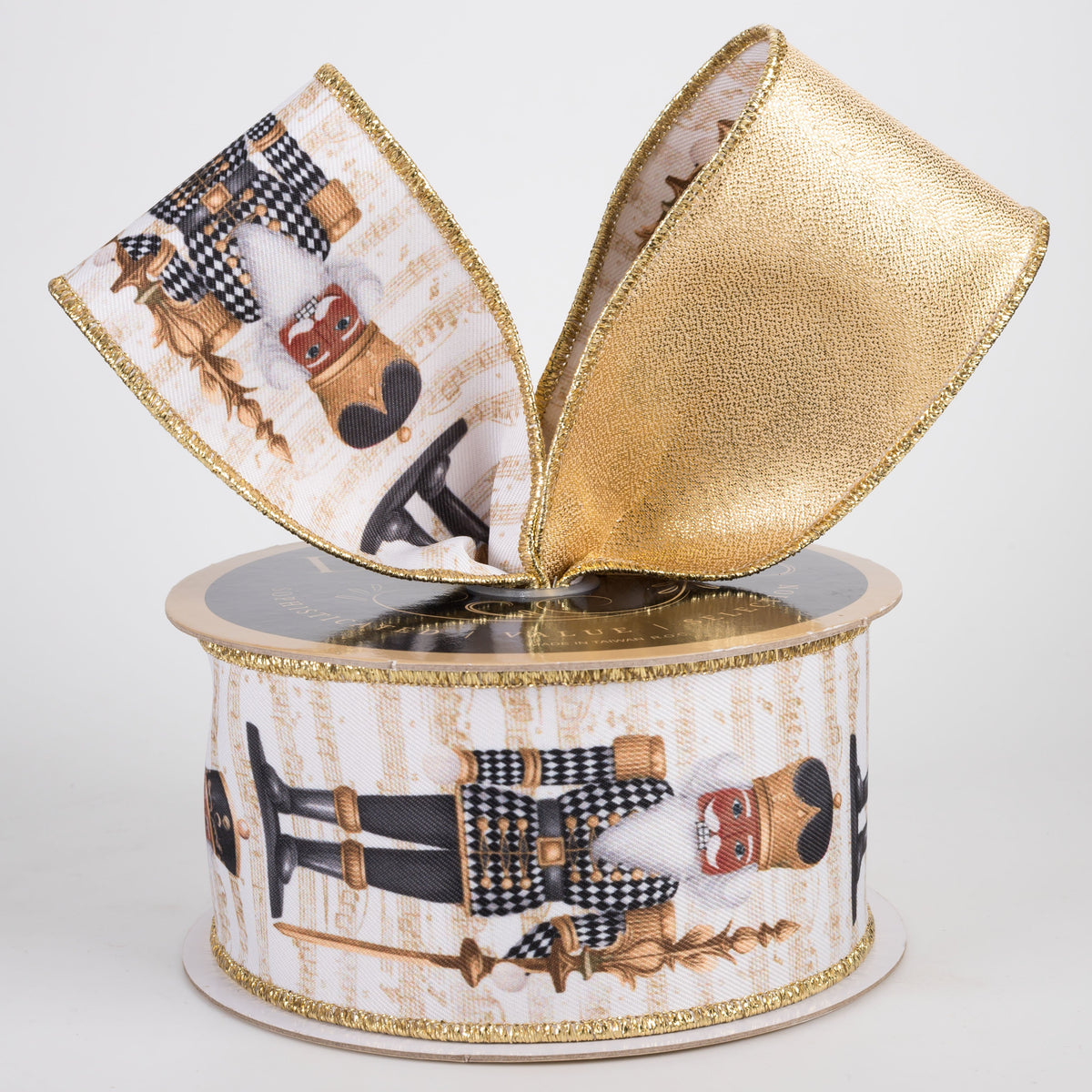 2.5" Double Sided Fused Brown Nutcracker Ribbon: Black Harlequin & Gold LamÃ© (10 Yards) Lifestyle Photo