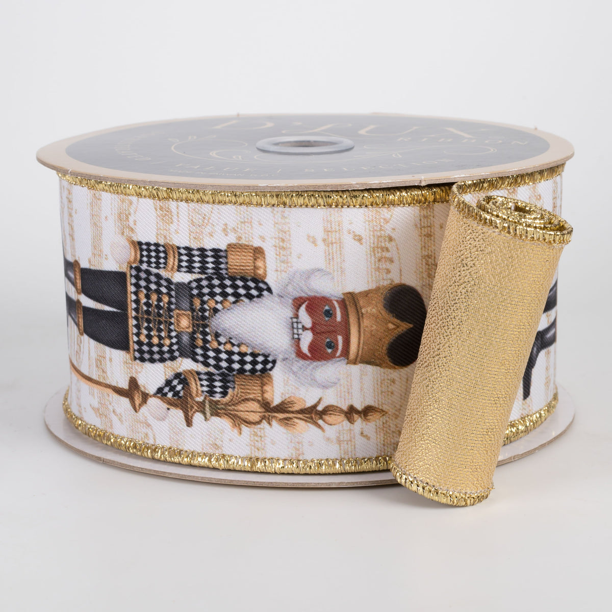 2.5" Double Sided Fused Brown Nutcracker Ribbon: Black Harlequin & Gold LamÃ© (10 Yards) Item Number: LX122402