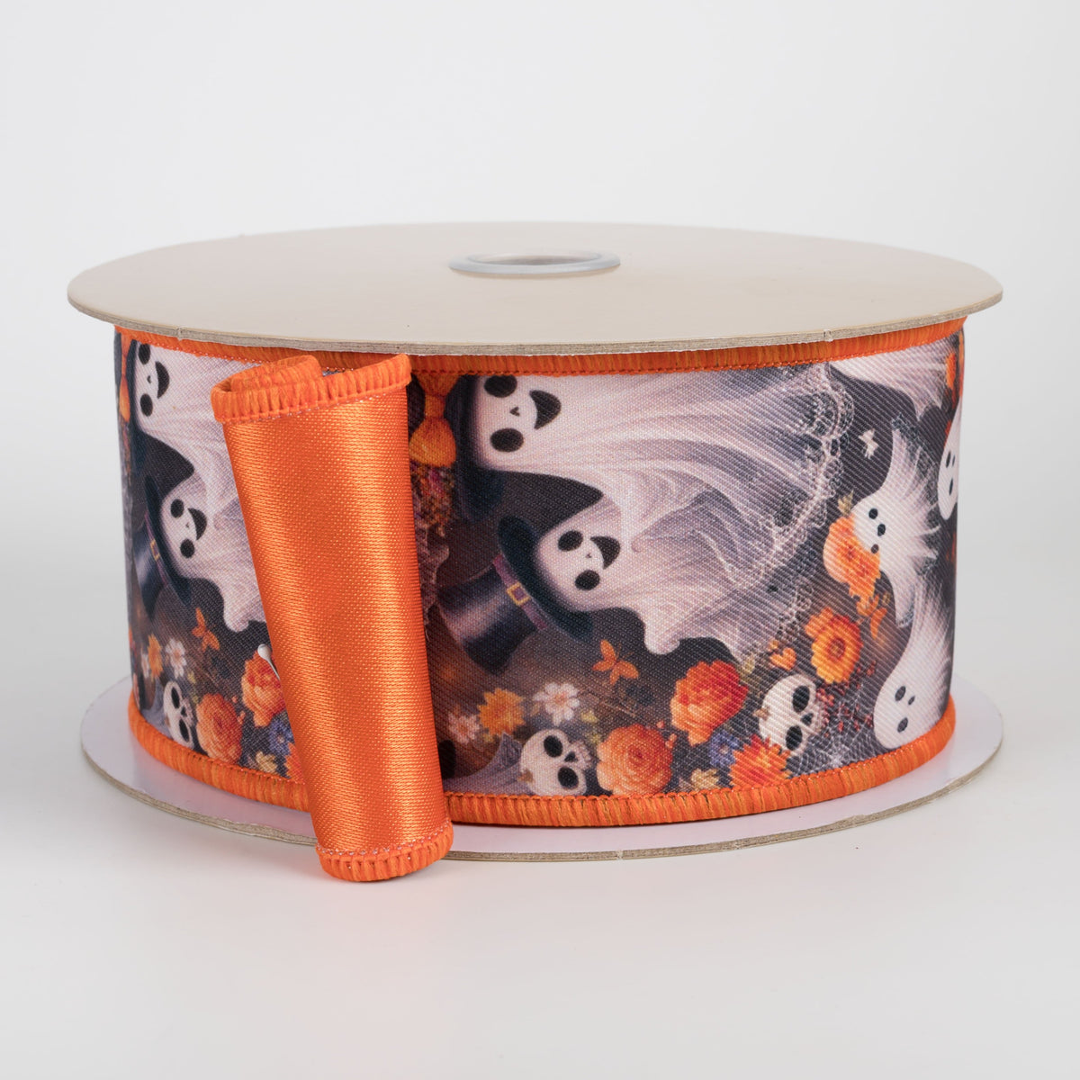 2.5" Double Sided Fused Fancy Ghosts & Floral Skulls Ribbon: Orange (10 Yards) Item Number: LX1291T5