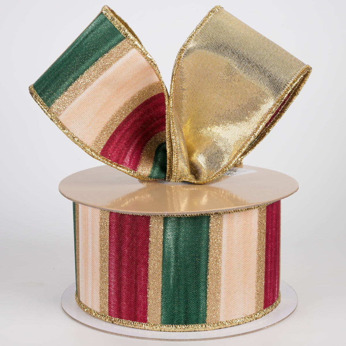 2.5" Double Sided Fused Glittered Watercolor Stripes Ribbon: Burgundy, Green & Cream (10 Yards) Lifestyle Photo