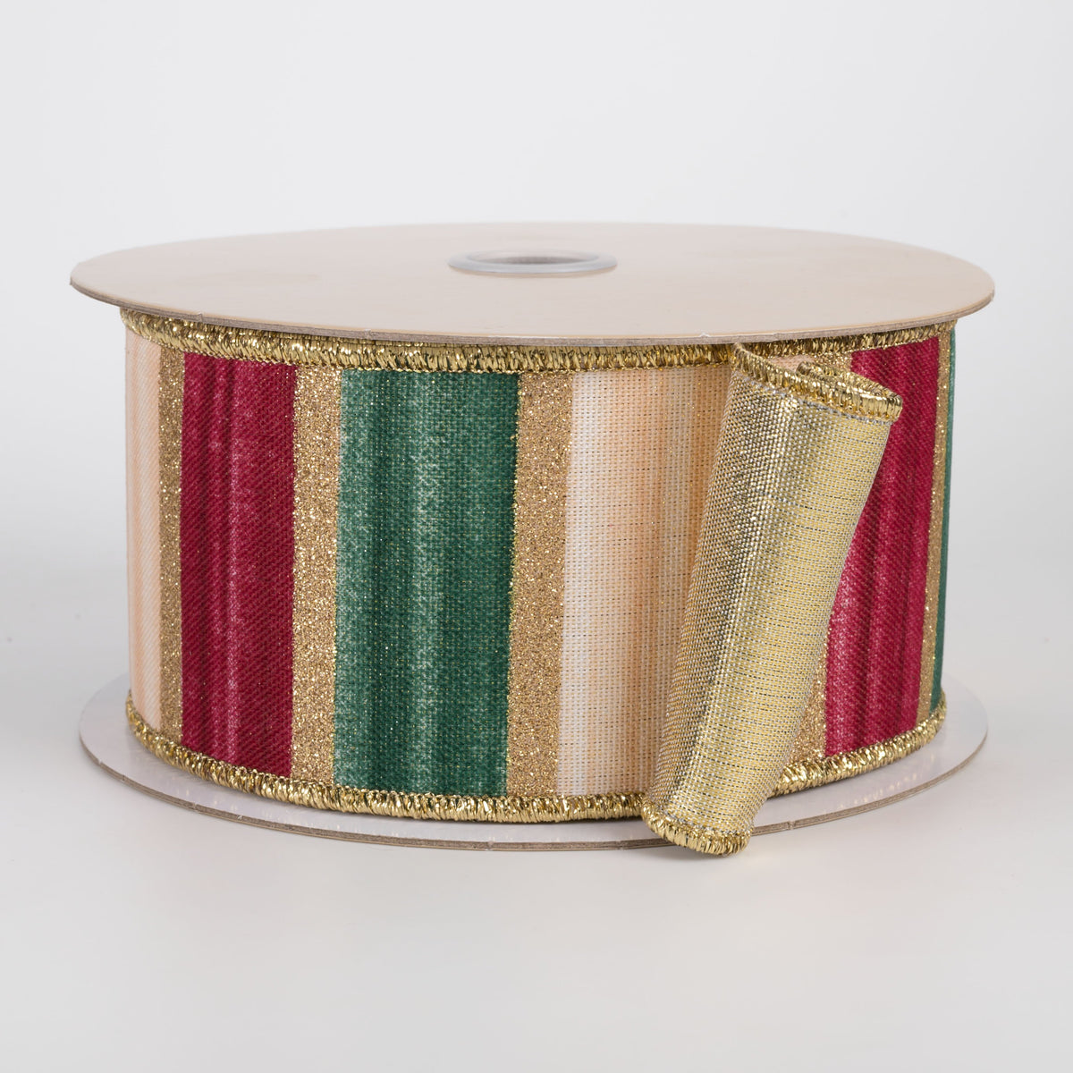 2.5" Double Sided Fused Glittered Watercolor Stripes Ribbon: Burgundy, Green & Cream (10 Yards) Item Number: LX334060