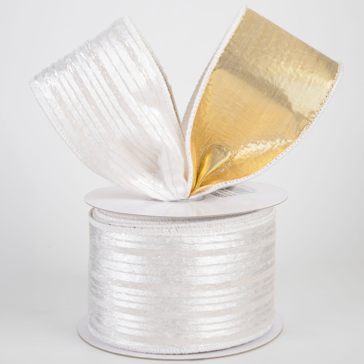 2.5" Double Sided Fused Striped Velvet Ribbon: White & Gold (10 Yards) Lifestyle Photo