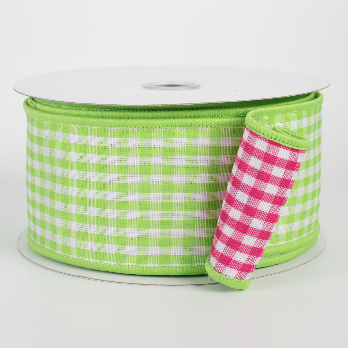 2.5" Double Sided Gingham Check Ribbon: Lime & Hot Pink (10 Yards) Item Number: RGV003133