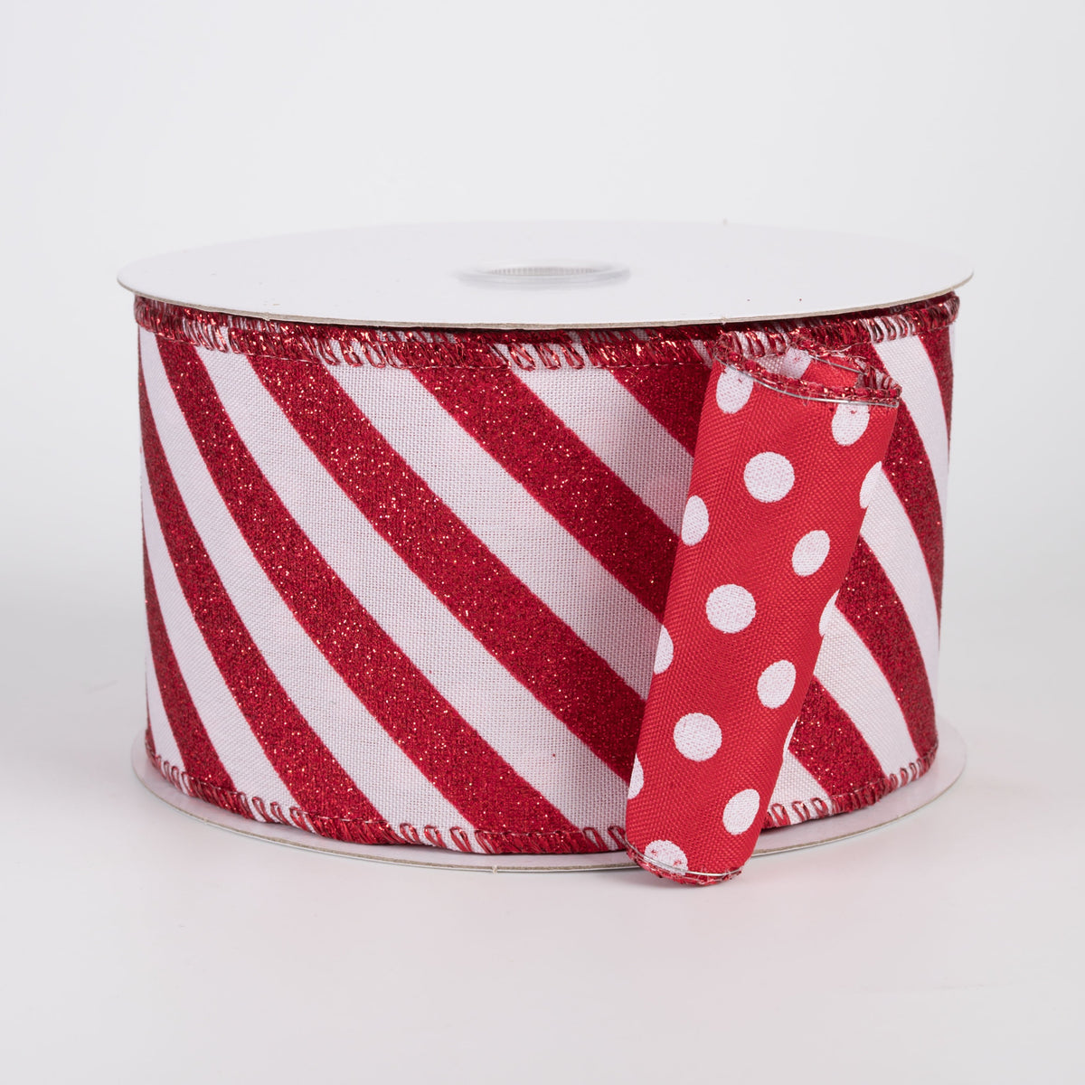 2.5" Double Sided Satin Dots & Glitter Candy Cane Stripes Ribbon: Red & White (10 Yards) Item Number: D73581-40-12