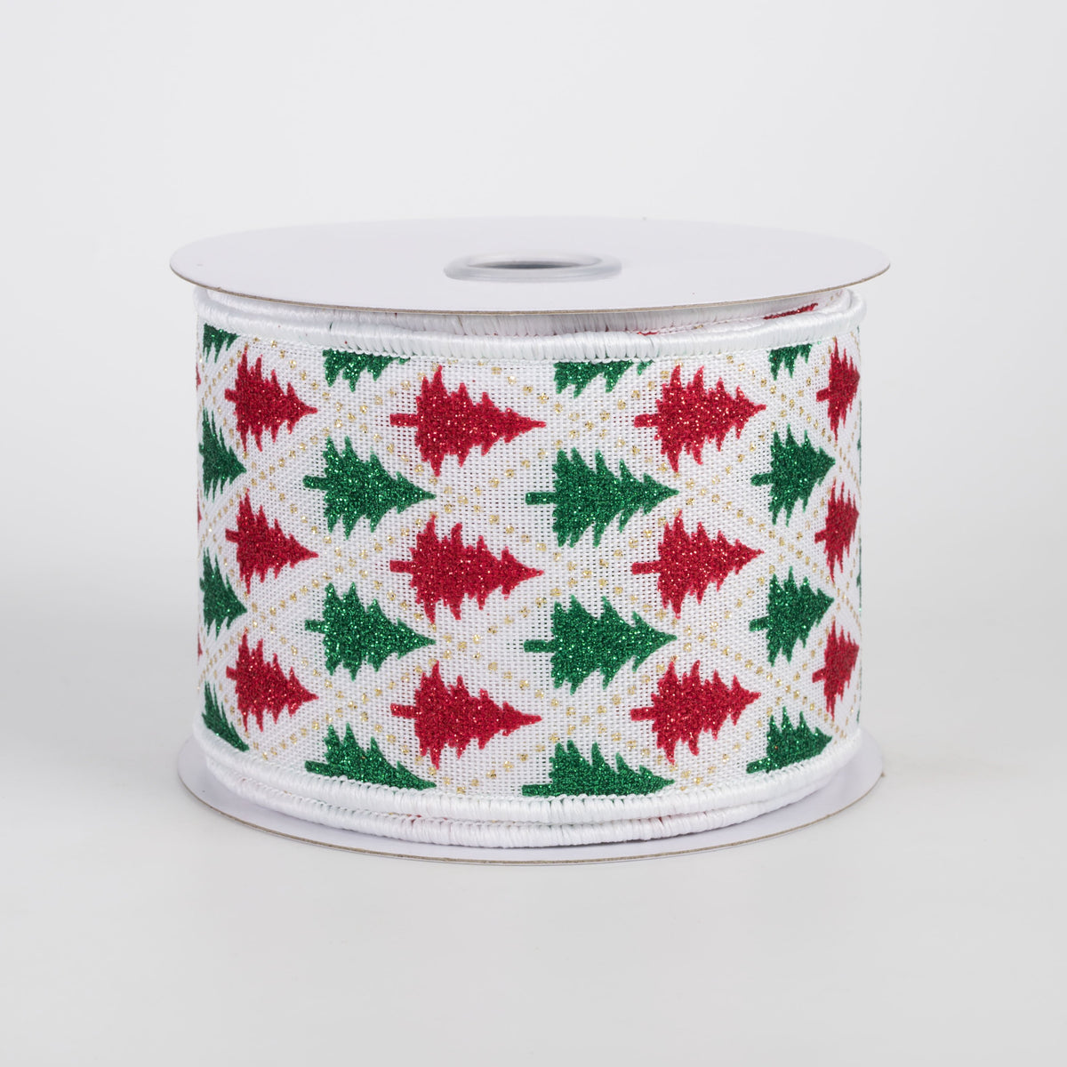 2.5" Glitter Christmas Tree Harlequin Ribbon: Red & Emerald (10 Yards) Item Number: RGH141567