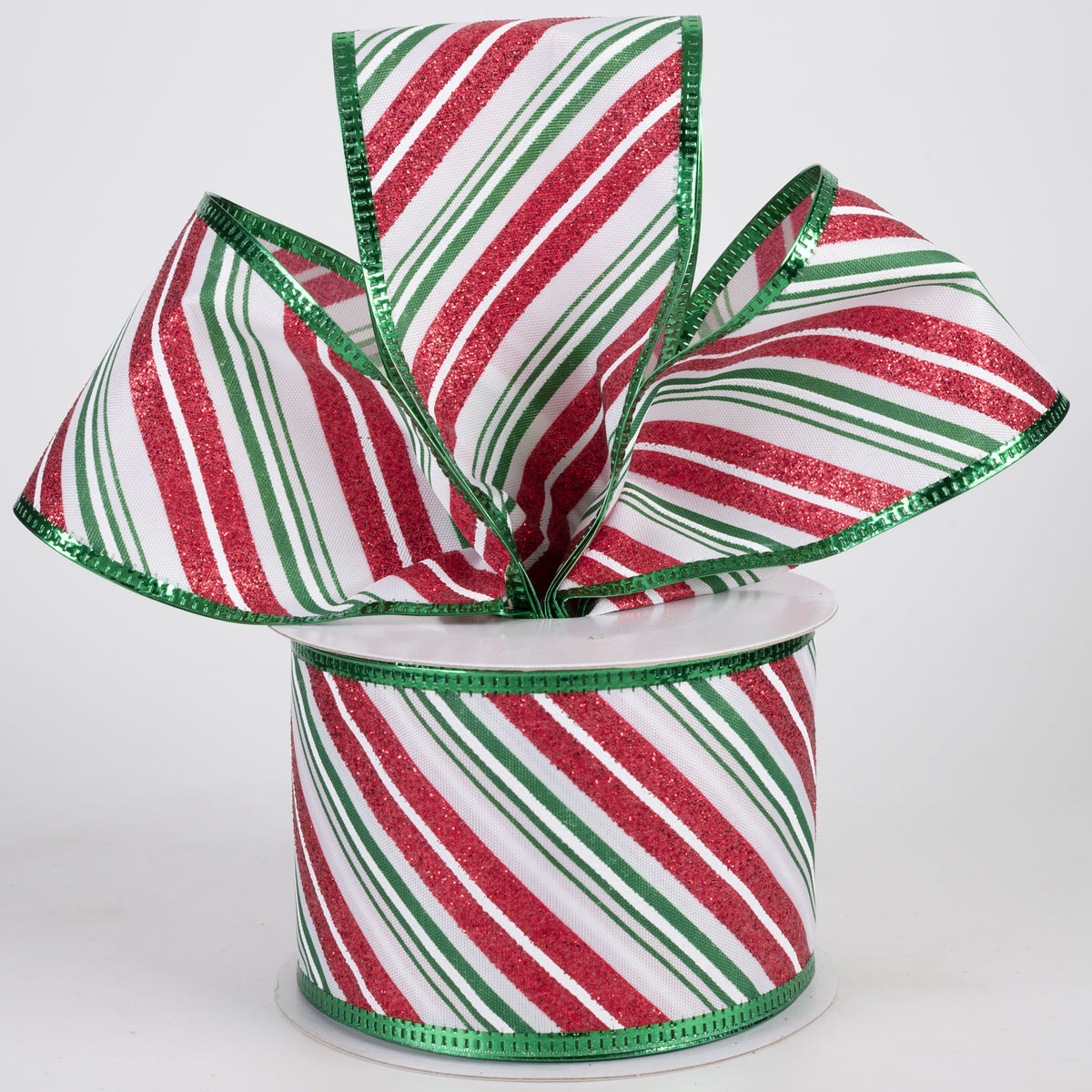 2.5" Glittered Diagonal Stripes Ribbon: Green & Red on White (10 Yards) Lifestyle Photo
