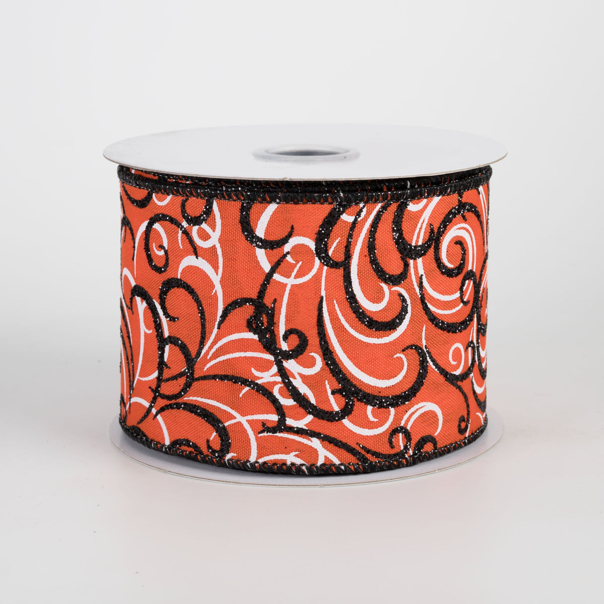 2.5" Glittered Multi Swirls Ribbon: Black & White on Orange (10 Yards) Item Number: RGF1323P2