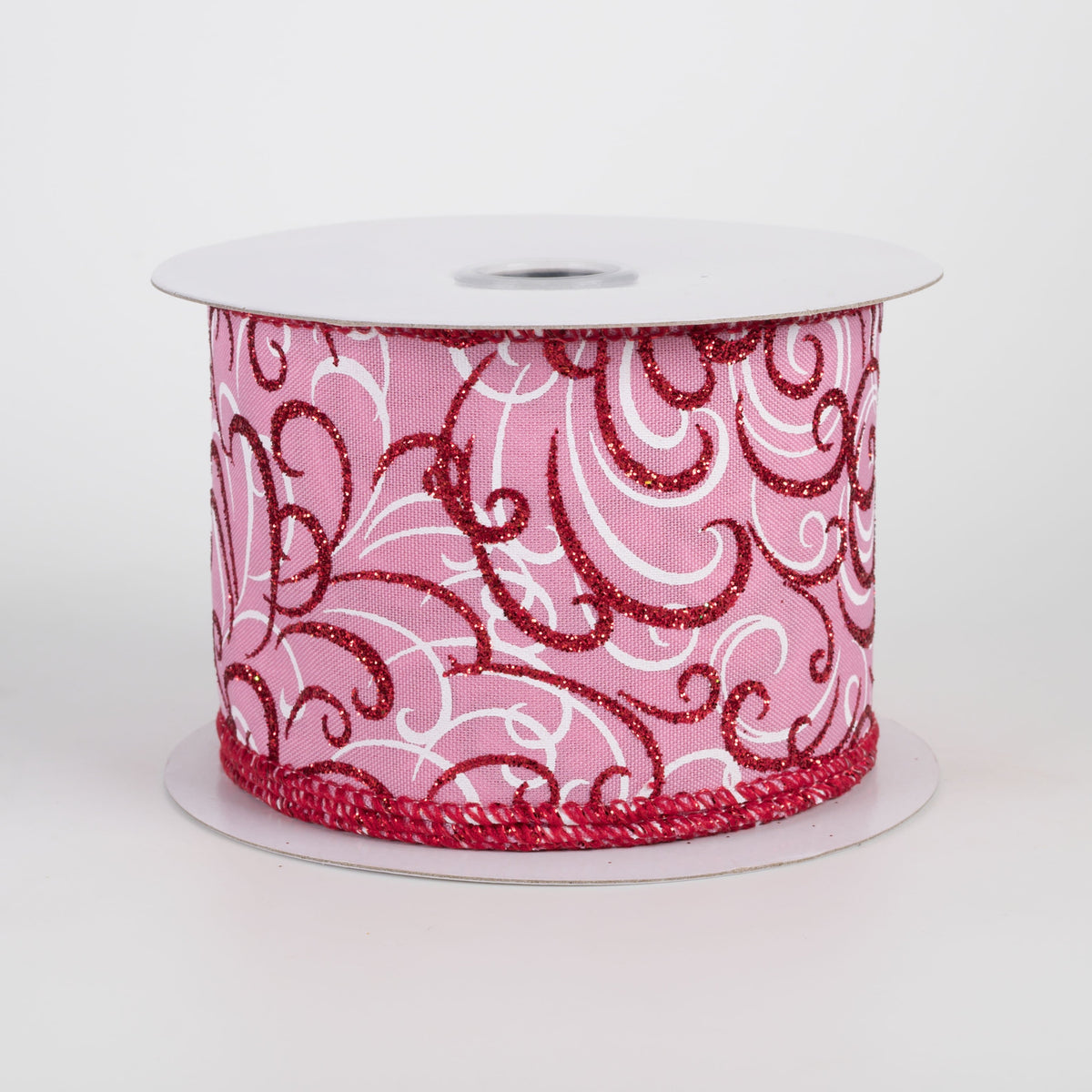 2.5" Glittered Multi Swirls Ribbon: Red & White on Pink (10 Yards) Item Number: RGF13238F