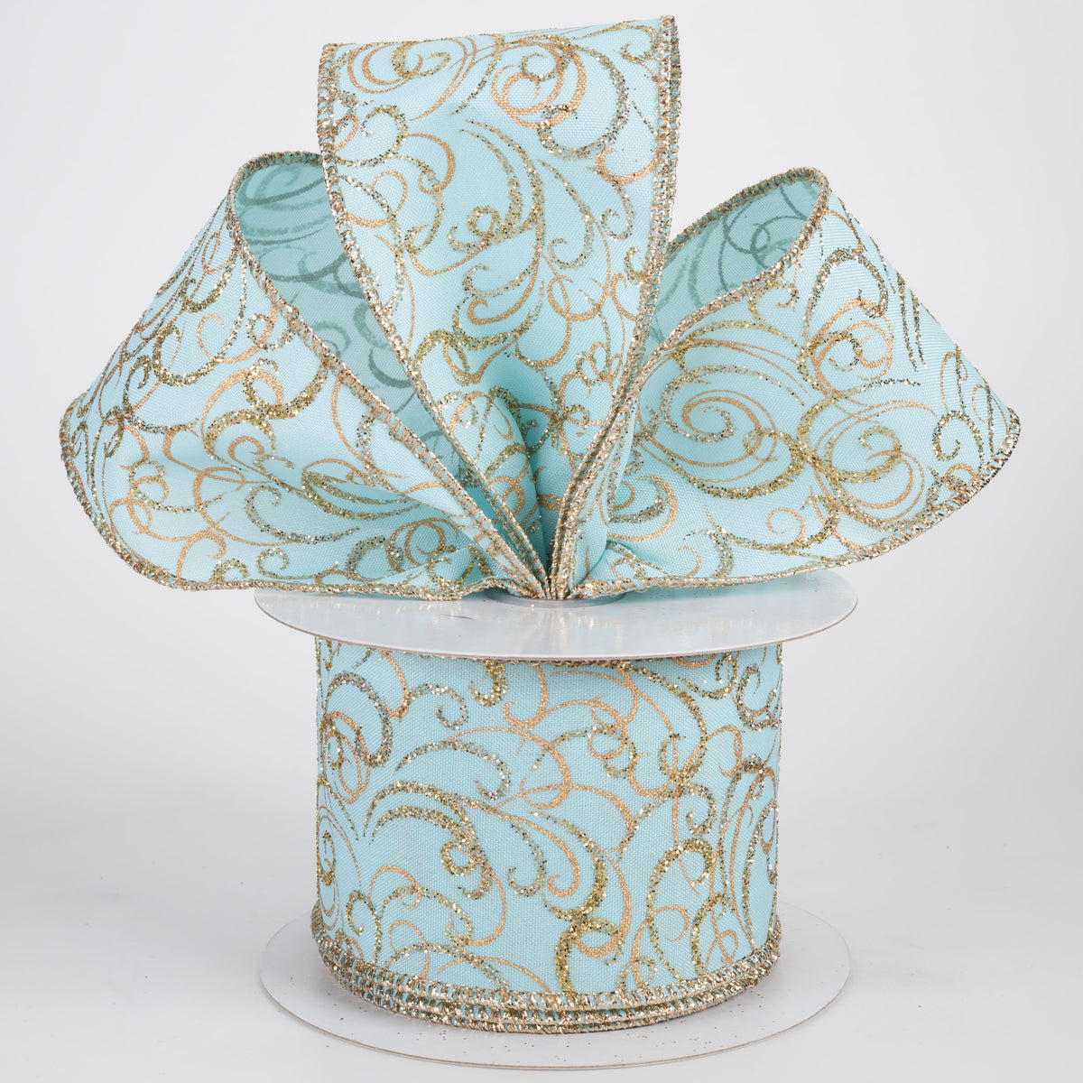 2.5" Glittered Multi Swirls Ribbon: Soft Turquoise, Champagne & Gold (10 Yards) Lifestyle Photo