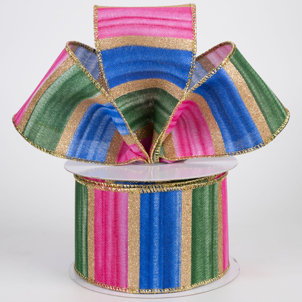 2.5" Glittered Watercolor Stripes Ribbon: Blue, Fuchsia, Green & Gold (10 Yards) Lifestyle Photo