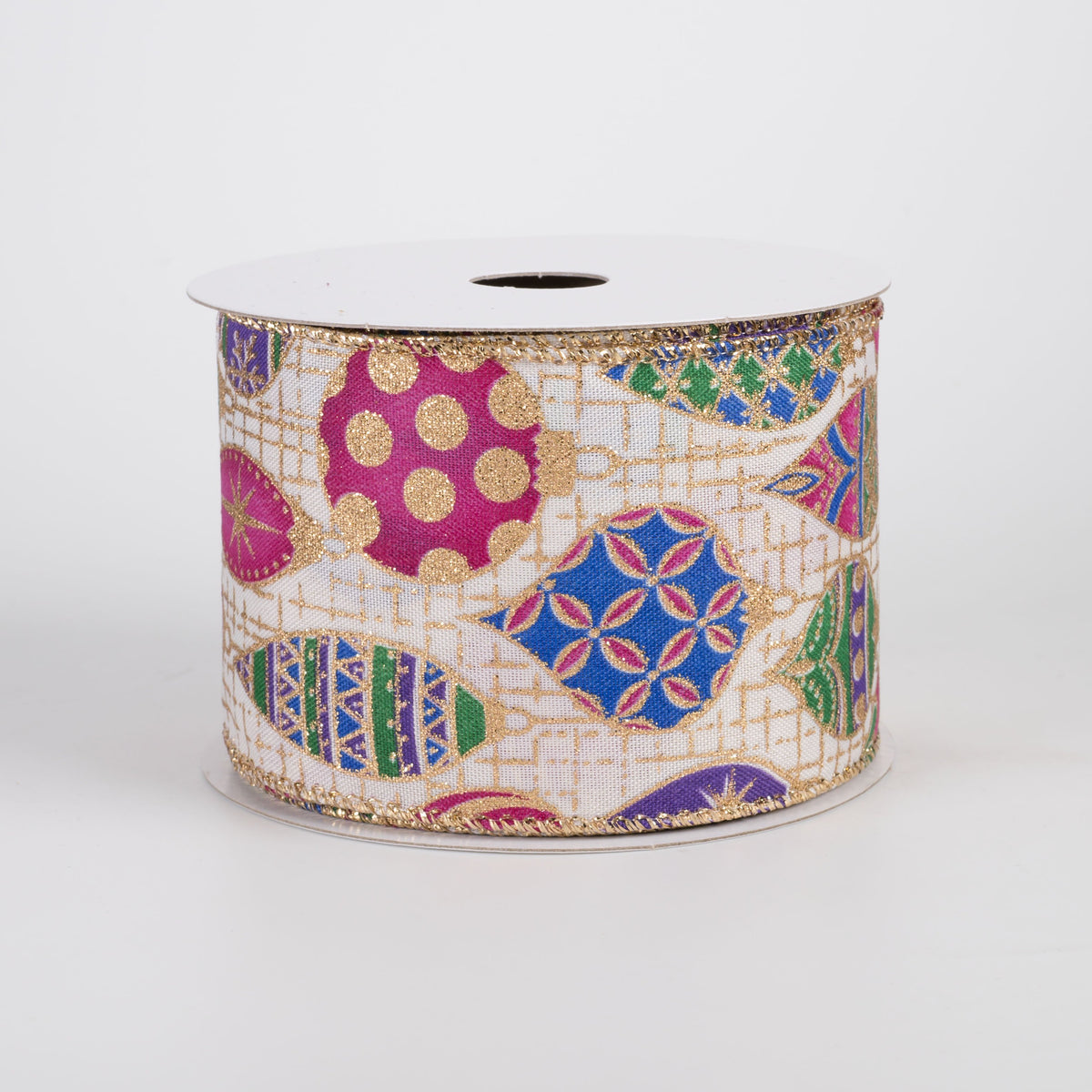 2.5" Grand Ornaments Tweed Ribbon: Blue & Pink on Ivory & Gold (10 Yards) Item Number: 71632-40-34