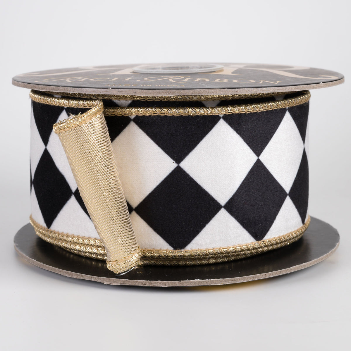 2.5" Harlequin Diamond Velvet & Metallic Dupioni Fused Ribbon: Black, White & Gold (10 Yards) Item Number: RR0081