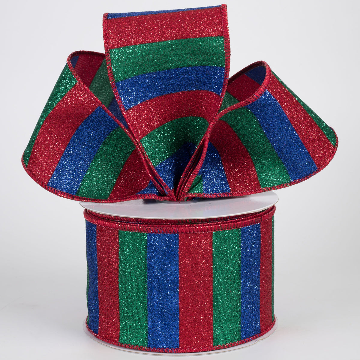 2.5" Horizontal Glitter Stripes Ribbon: Red, Blue & Green (10 Yards) Lifestyle Photo
