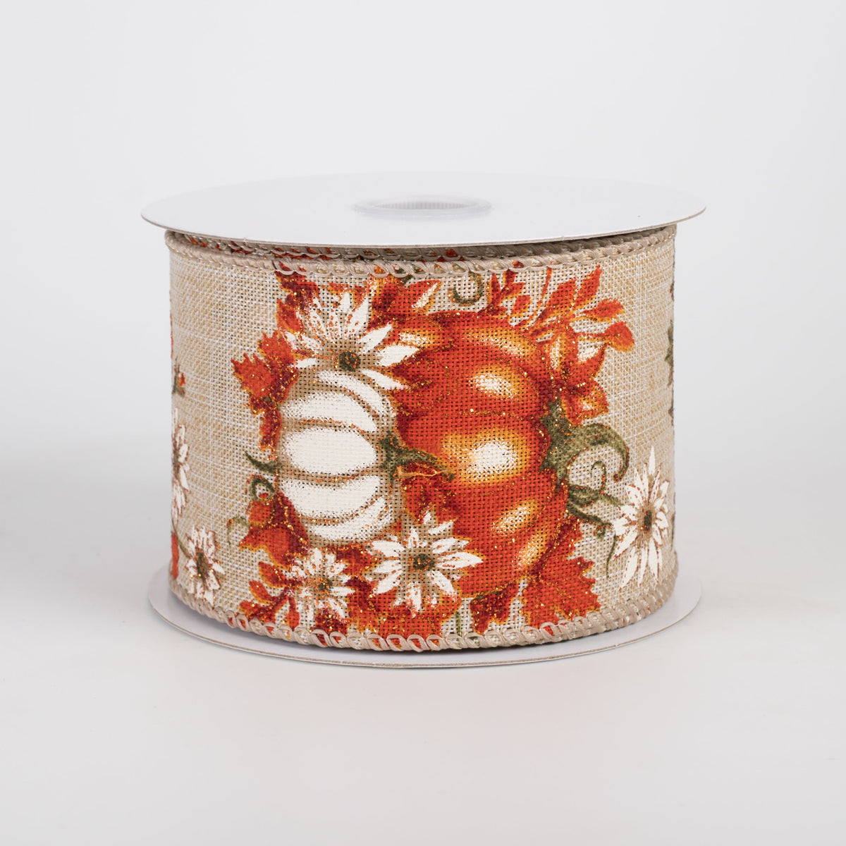2.5" Linen Pumpkins & Sunflowers Ribbon: Orange & Cream on Natural (10 Yards) Item Number: 61509-40-35