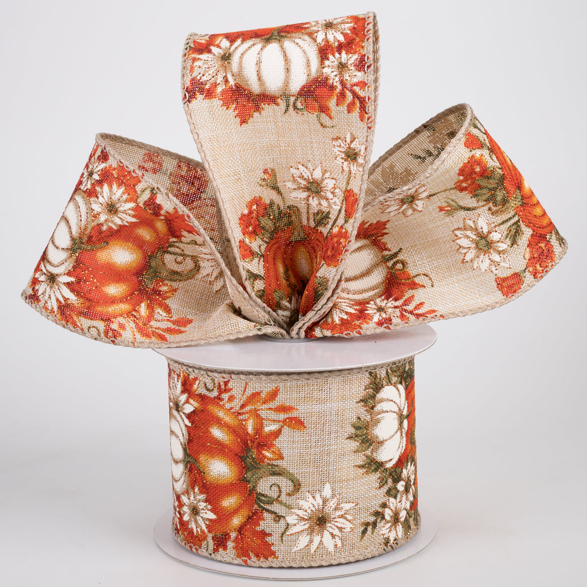 2.5" Linen Pumpkins & Sunflowers Ribbon: Orange & Cream on Natural (10 Yards) Lifestyle Photo