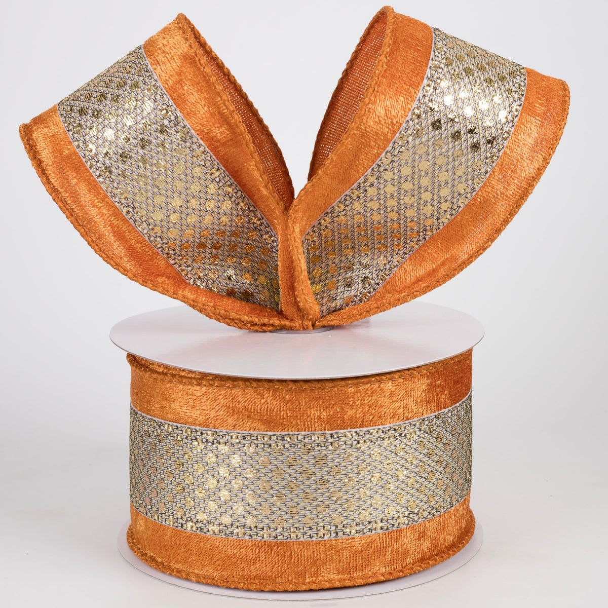2.5" Metallic Mesh Velvet Edge Ribbon: Gold & Rust (10 Yards) Lifestyle Photo