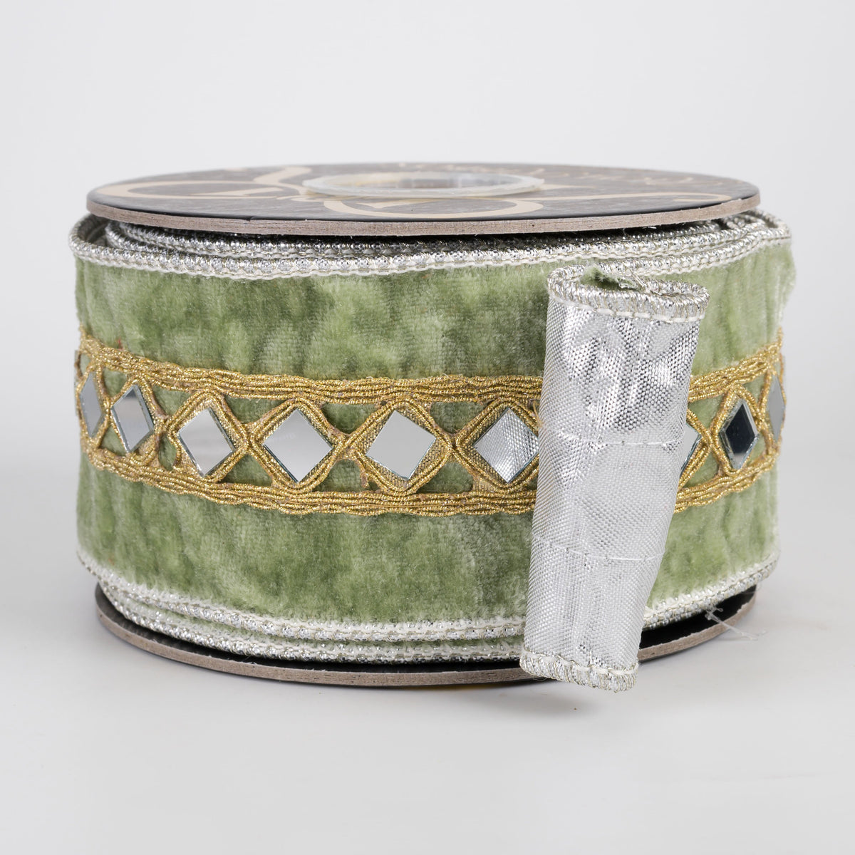 2.5" Mirror Center Trim Velvet & Metallic Dupioni Fused Ribbon: Sage Green (5 Yards) Item Number: RR0037