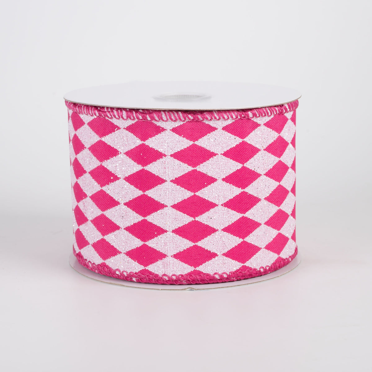 2.5" Narrow Glitter Harlequin on Satin Ribbon: White on Hot Pink (10 Yards) Item Number: 71613-40-28