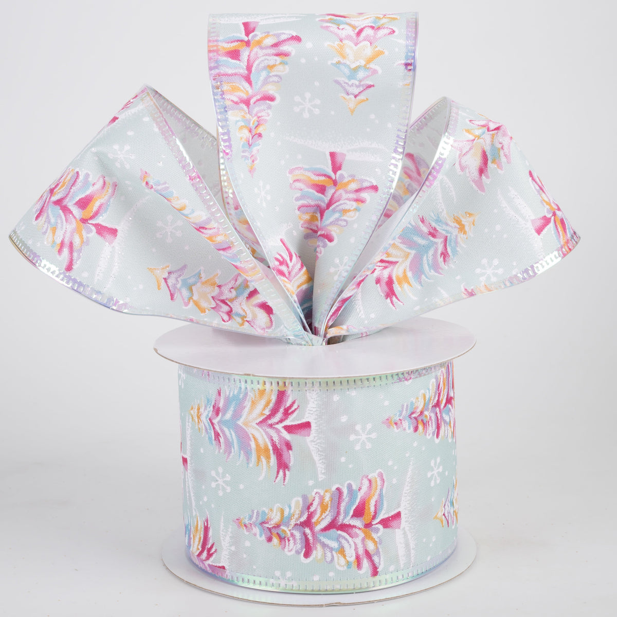 2.5" Pastel Snowy Trees Iridescent Edge Ribbon: Blue (10 Yards) Lifestyle Photo