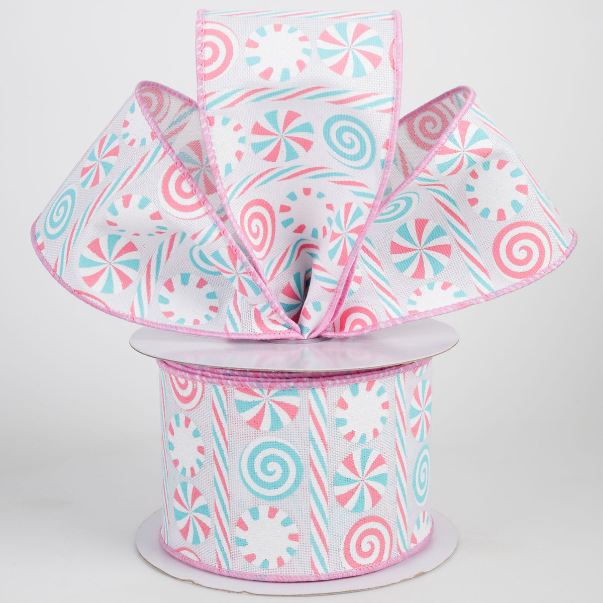 2.5" Peppermints & Peppermint Stripes Ribbon: White, Pink & Light Blue (10 Yards) Lifestyle Photo