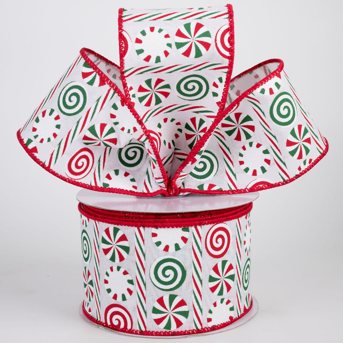 2.5" Peppermints & Peppermint Stripes Ribbon: White, Red & Emerald (10 Yards) Lifestyle Photo