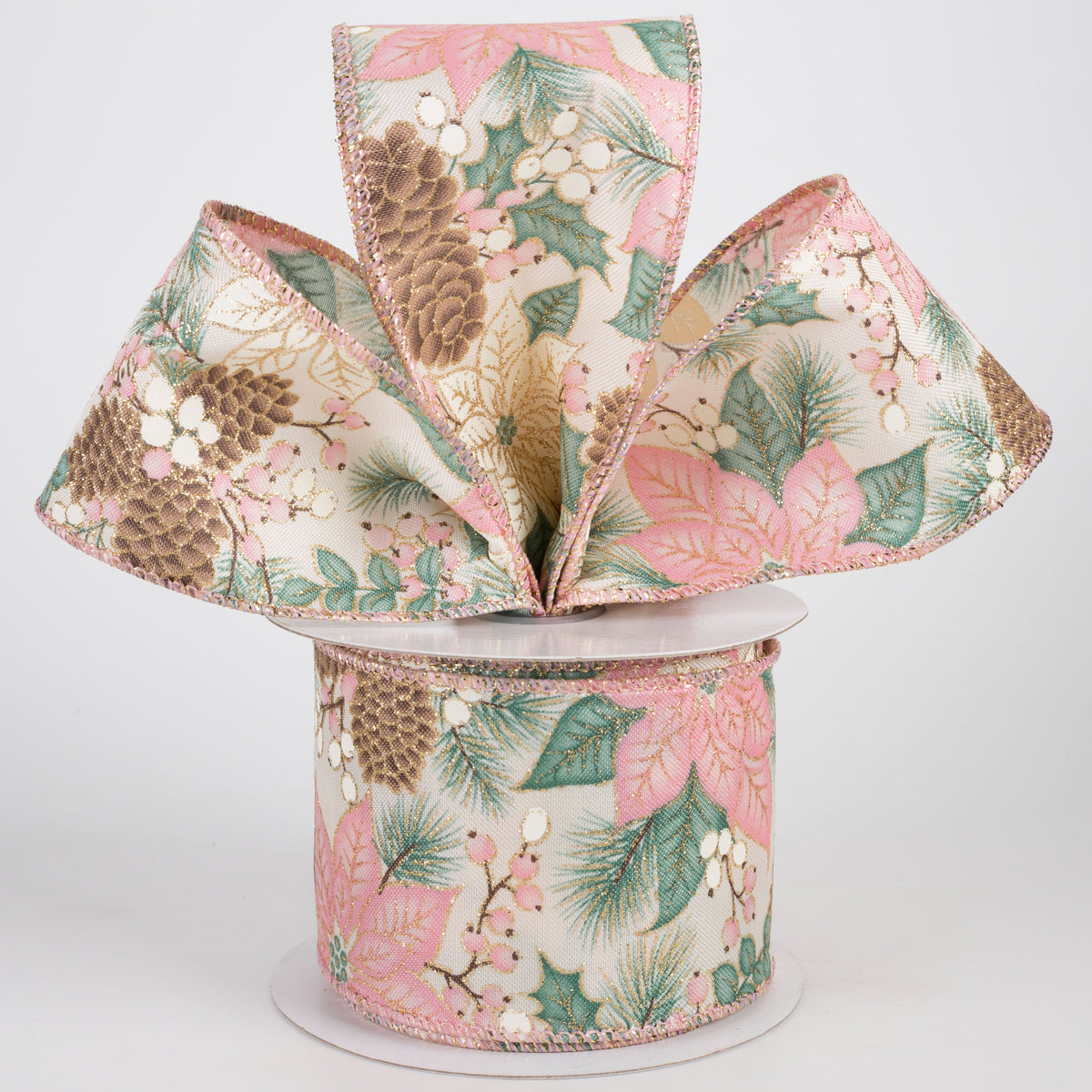2.5" Poinsettias & Pinecones Ribbon: Pink & Ivory on Cream (10 Yards) Lifestyle Photo