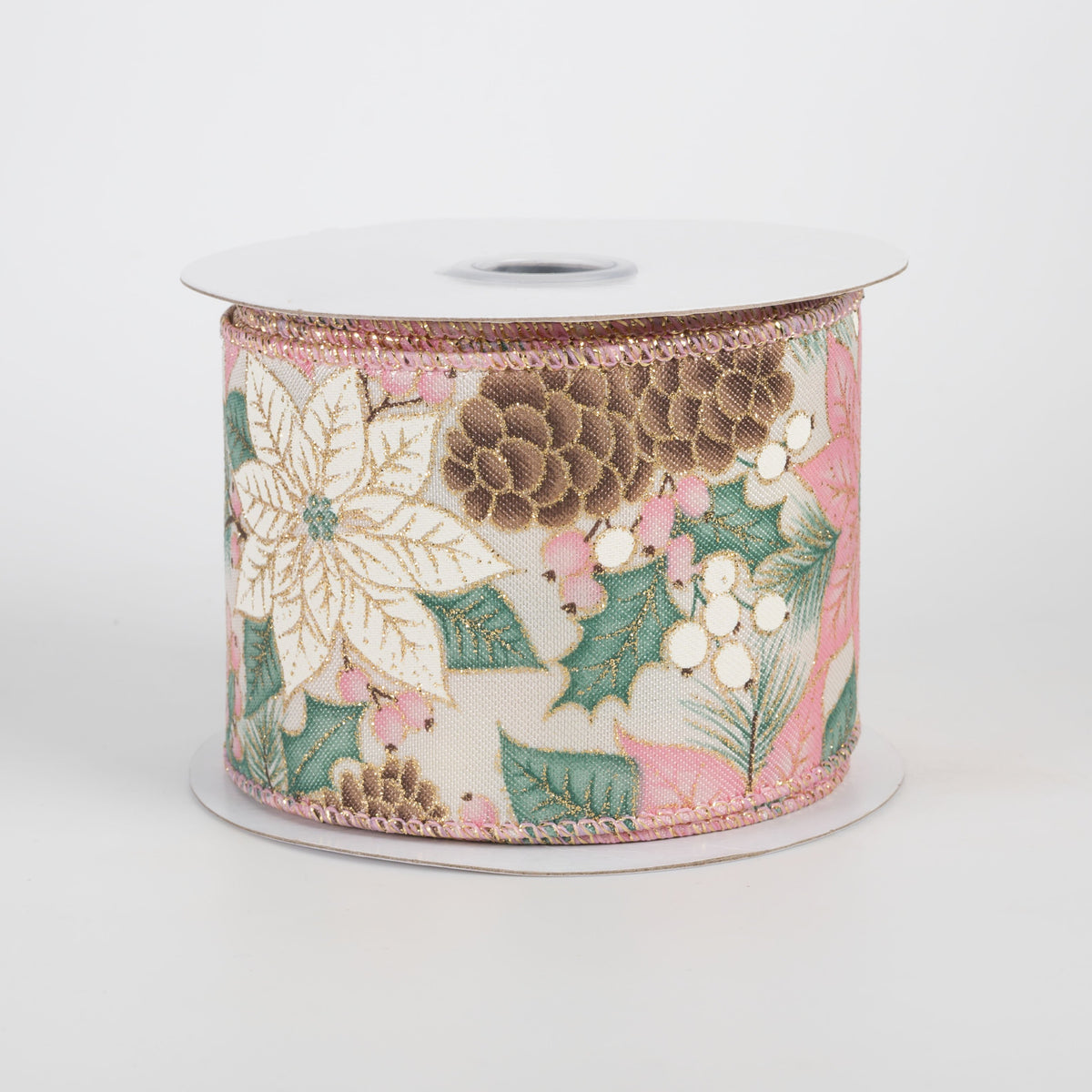 2.5" Poinsettias & Pinecones Ribbon: Pink & Ivory on Cream (10 Yards) Item Number: RGF1761RH
