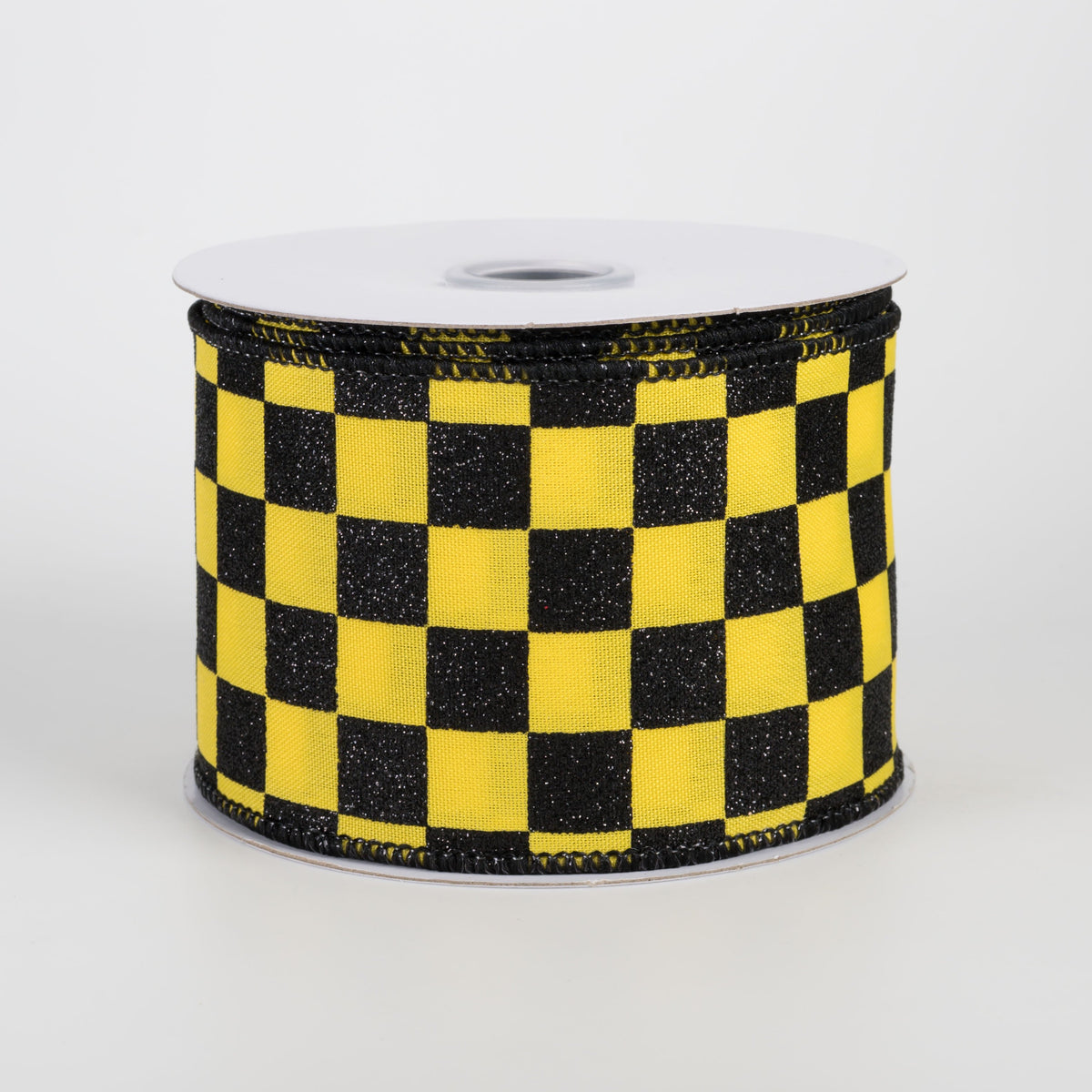 2.5" Printed Glitter Race Check Ribbon: Black on Yellow (10 Yards) Item Number: RGH106029