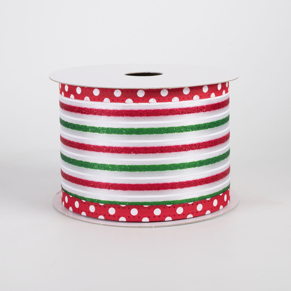 2.5" Satin Glitter Stripes Polka Dot Edge Ribbon: Red, White, Green (10 Yards) Item Number: 76537-40-17