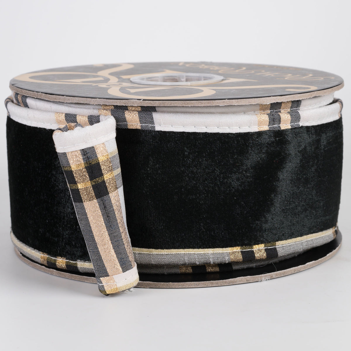 2.5" Sheldon Velvet Ribbon with Fused Dupioni Plaid Back: Black & White (10 Yards) Item Number: RR0060