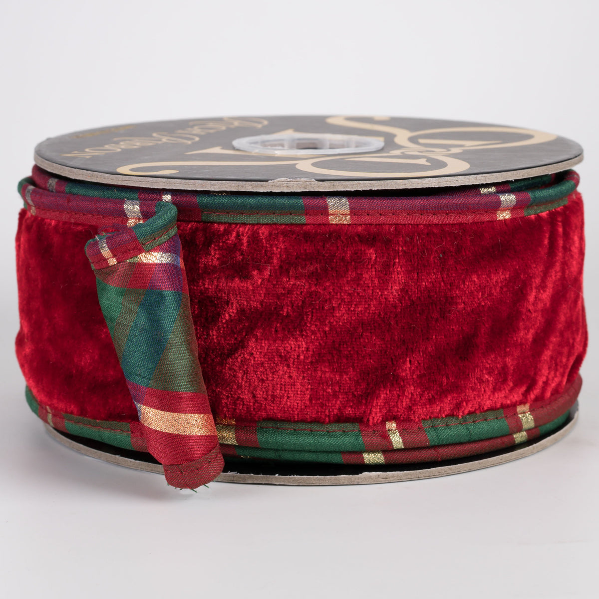 2.5" Sheldon Velvet Ribbon with Fused Dupioni Plaid Back: Red, Green & Gold (10 Yards) Item Number: RR0027