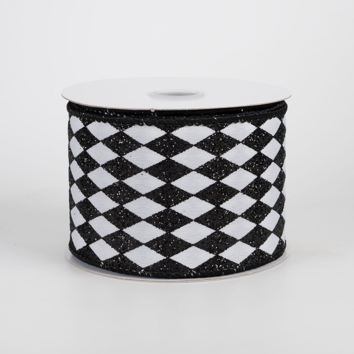 2.5" Tiny Glitter Harlequin on Satin Ribbon: Black on White (10 Yards) Item Number: 72601-40-01