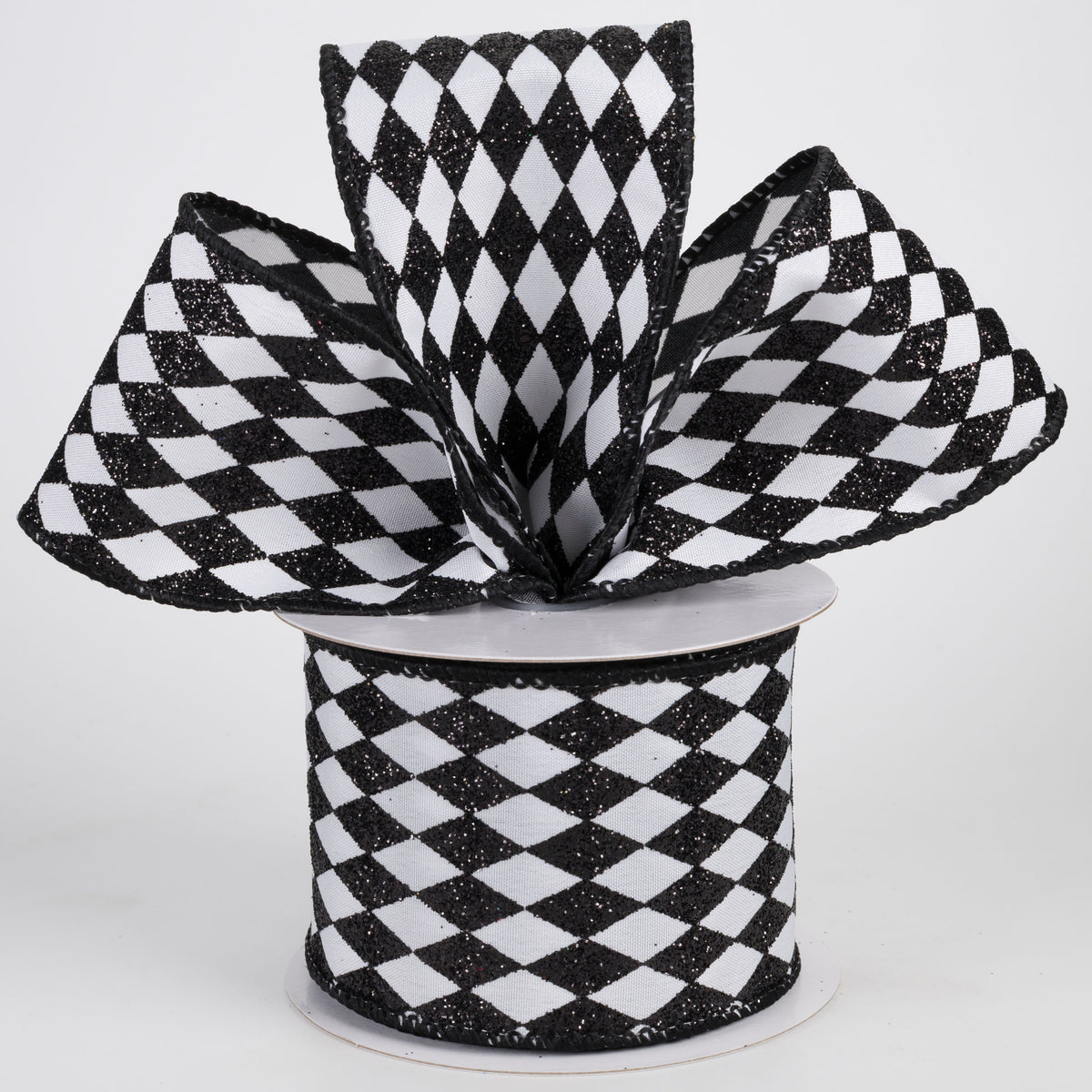 2.5" Tiny Glitter Harlequin on Satin Ribbon: Black on White (10 Yards) Lifestyle Photo