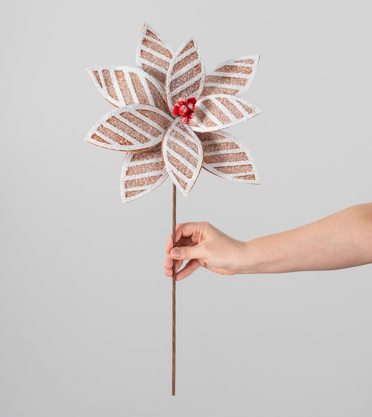 20" Frosted Stripe Poinsettia Stem: Gingerbread detail photo 3