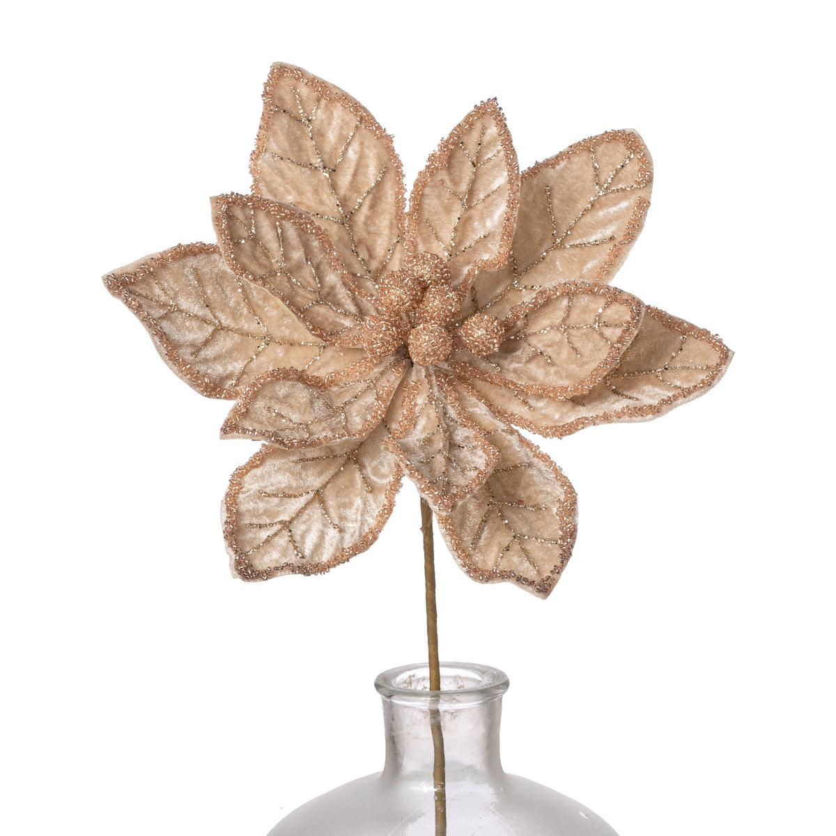 20" Glittered Velvet Poinsettia Stem: Champagne & Tan Item Number: 277656
