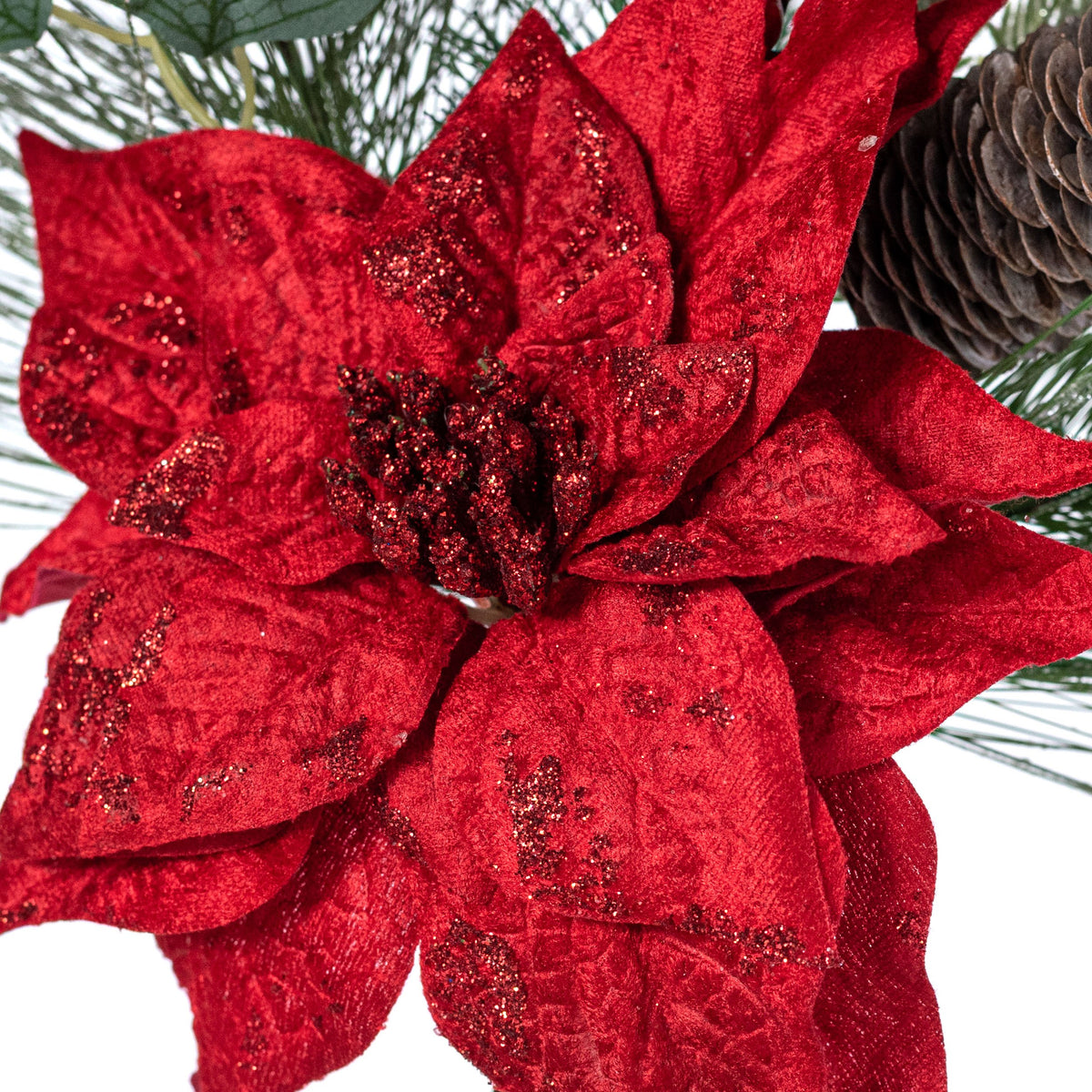 20" Velvet Poinsettia & Pine Spray: Red Lifestyle Photo