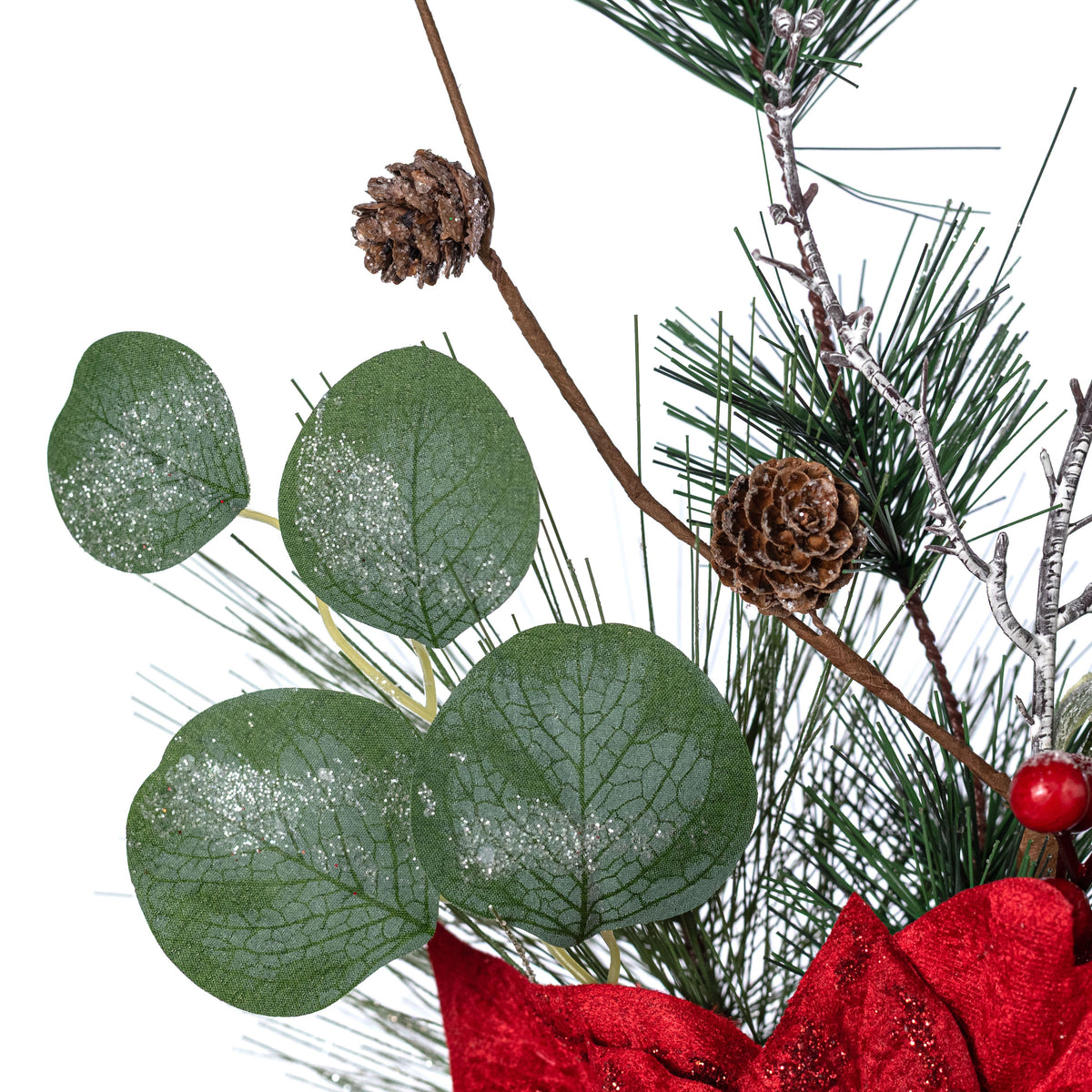 20" Velvet Poinsettia & Pine Spray: Red detail photo 4