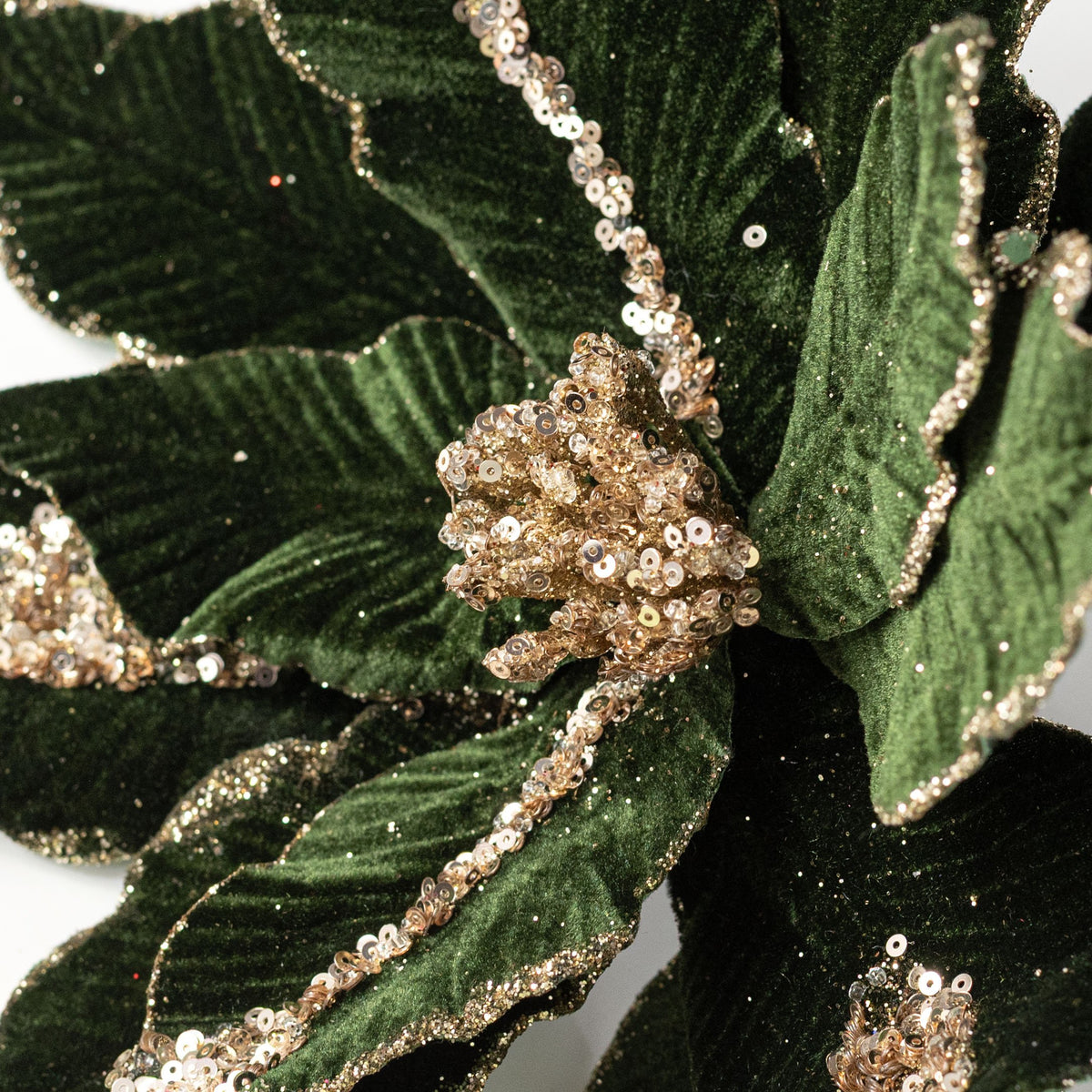 22" Glittered Velvet Poinsettia Stem: Hunter Green detail photo 4