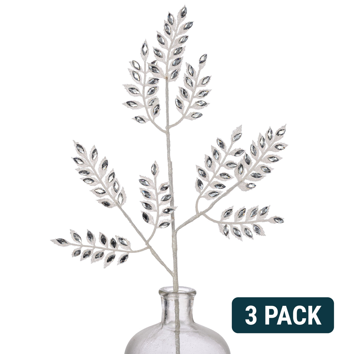 23" Glitter Diamond Leaf Spray Bundle: White & Silver (3) Item Number: 2825314WH
