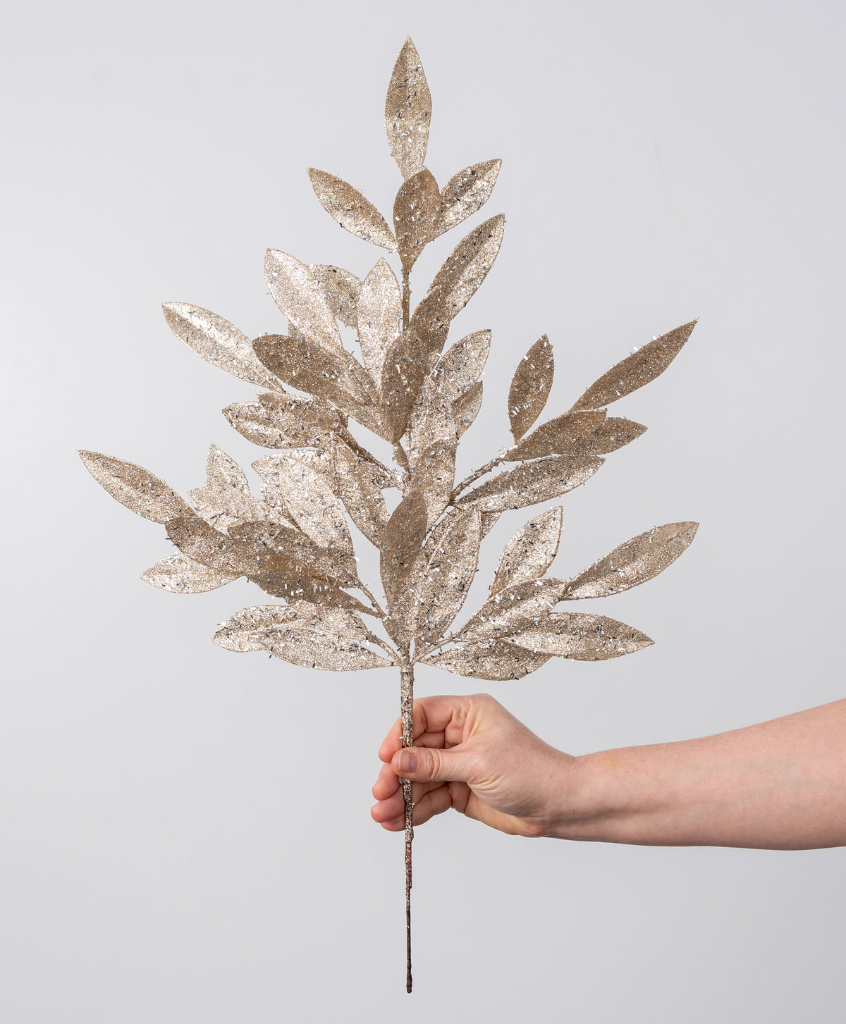 23" Tinsel Glitter Bay Leaf Spray: Champagne Gold & Silver detail photo 3