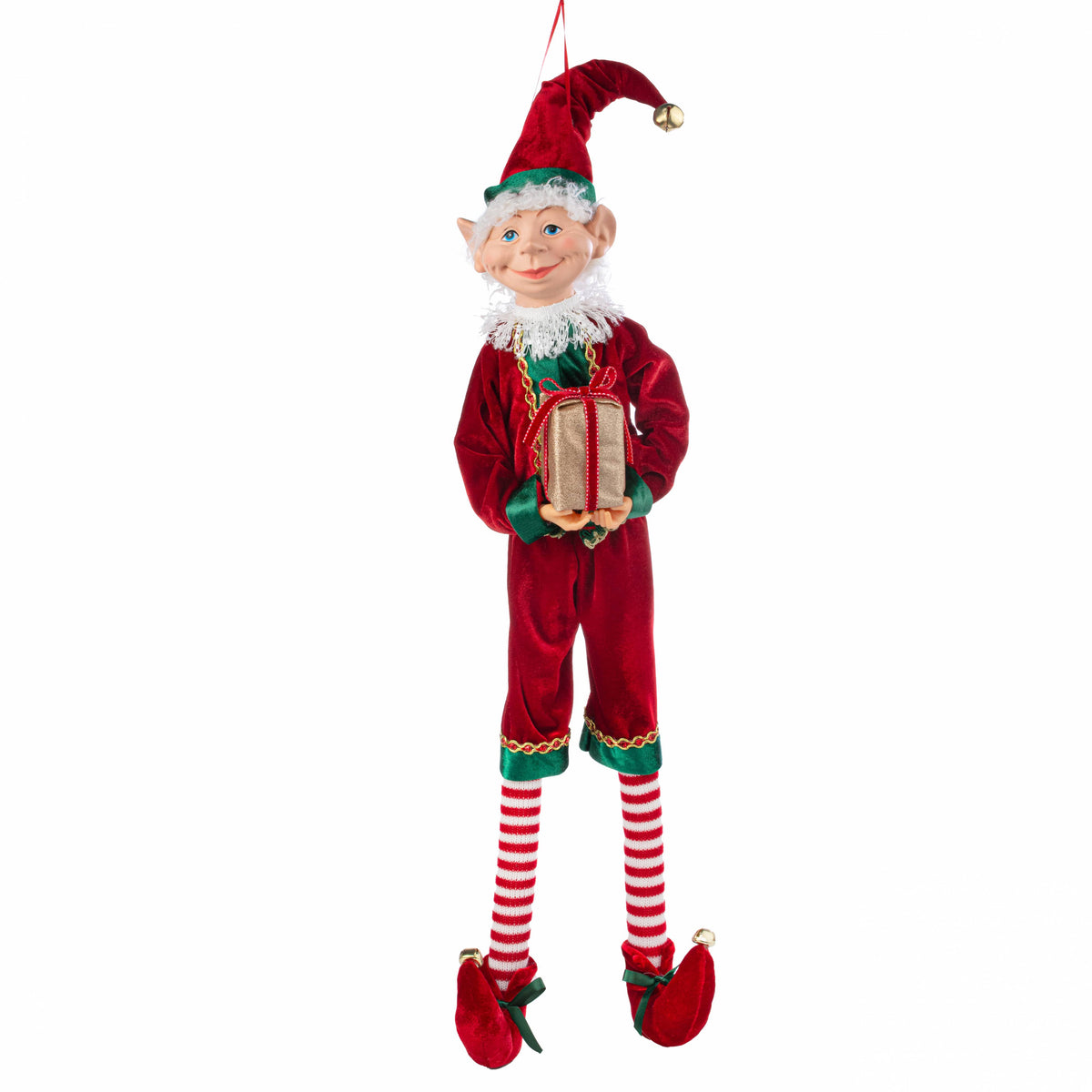30" Velvet Traditional Christmas Elf with Gift Box